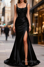 Sparkly Black Floral Spaghetti Straps Mermaid Long Formal Prom Dresses with Slit