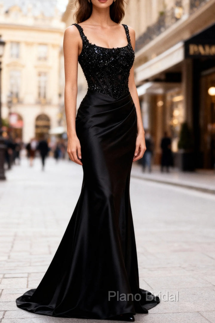 Sparkly Black Floral Spaghetti Straps Mermaid Long Formal Prom Dresses with Slit Main image