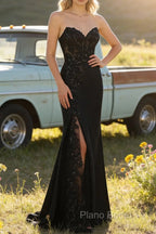 Sparkly Black Mermaid Strapless Corset Appliques Long Prom Dress with Slit