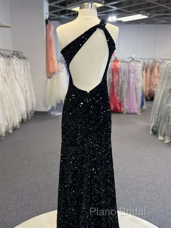 Sparkly Black One Shoulder Side Slit Formal Prom Dresses, Secondary image