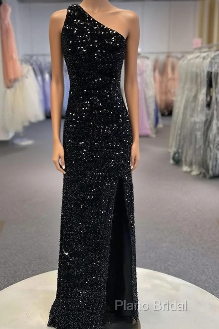 Sparkly Black One Shoulder Side Slit Formal Prom Dresses, Main image