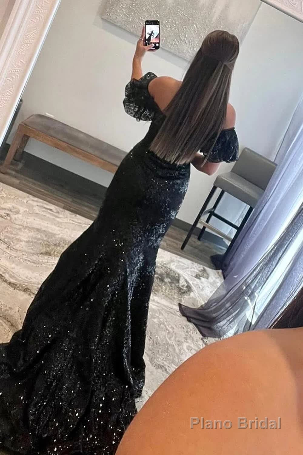 Sparkly Black Sequin Off the Shoulder Long Prom Dress Secondary image