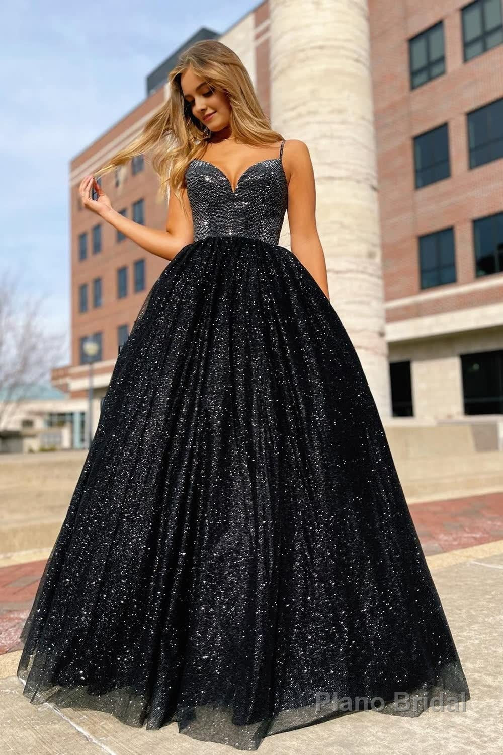 Sparkly Black Spaghetti Straps A-Line Prom Dress Main image