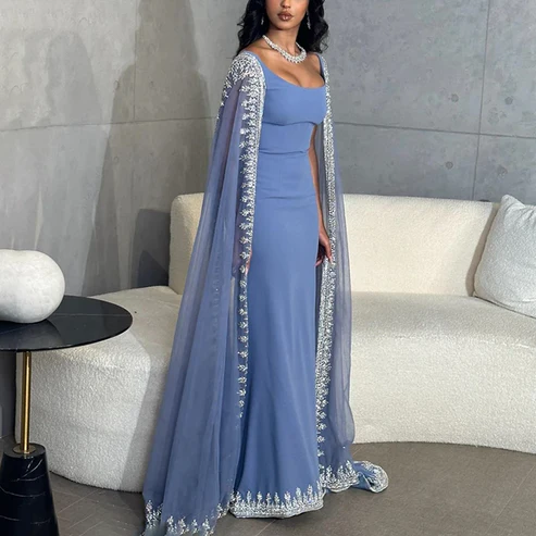 Sparkly  Blue Formal Evening Dresses Cape Long Mermaid Formal Prom Dresses Formal Evening Dresses Wedding Dresses Secondary image