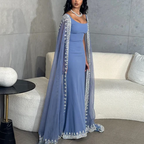 Sparkly  Blue Formal Evening Dresses Cape Long Mermaid Formal Prom Dresses Formal Evening Dresses Wedding Dresses