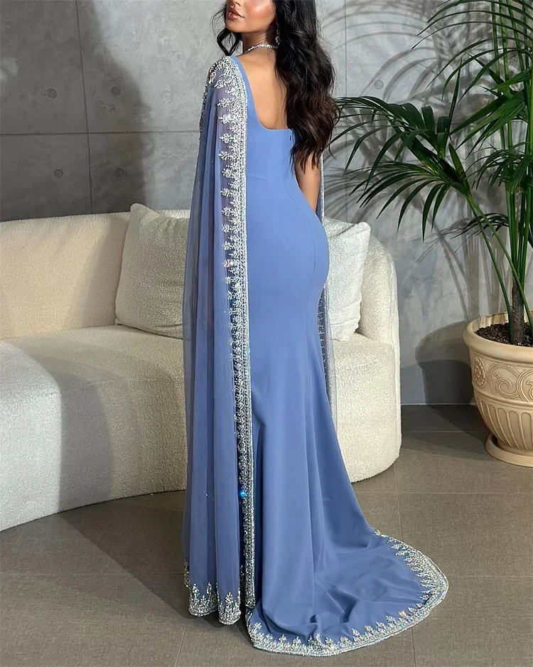 Sparkly  Blue Formal Evening Dresses Cape Long Mermaid Formal Prom Dresses Formal Evening Dresses Wedding Dresses