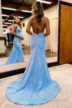 Sparkly Blue Mermaid Sequins Long Backless Prom Dress