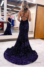Sparkly Blue Mermaid Sequins Long Backless Prom Dress