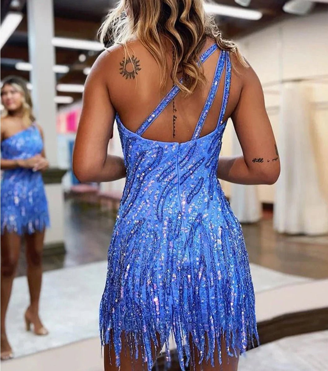 Sparkly Blue One Shoulder Sequins Mini Party Dresses with Fringes Secondary image