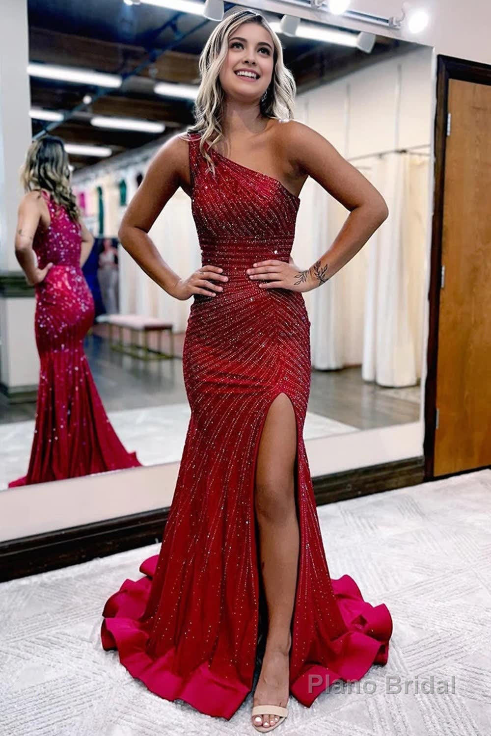 Sparkly Burgundy Beaded One Shoulder Long Prom Dress with Slit Formal Evening Dresses Main image