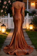 Sparkly Copper Mermaid Cold Shoulder Sequined Ruched Satin Long Prom Dress