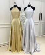 Sparkly Crystal Beaded Halter Long Satin Open Back Formal Prom Dresses