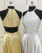 Sparkly Crystal Beaded Halter Long Satin Open Back Formal Prom Dresses