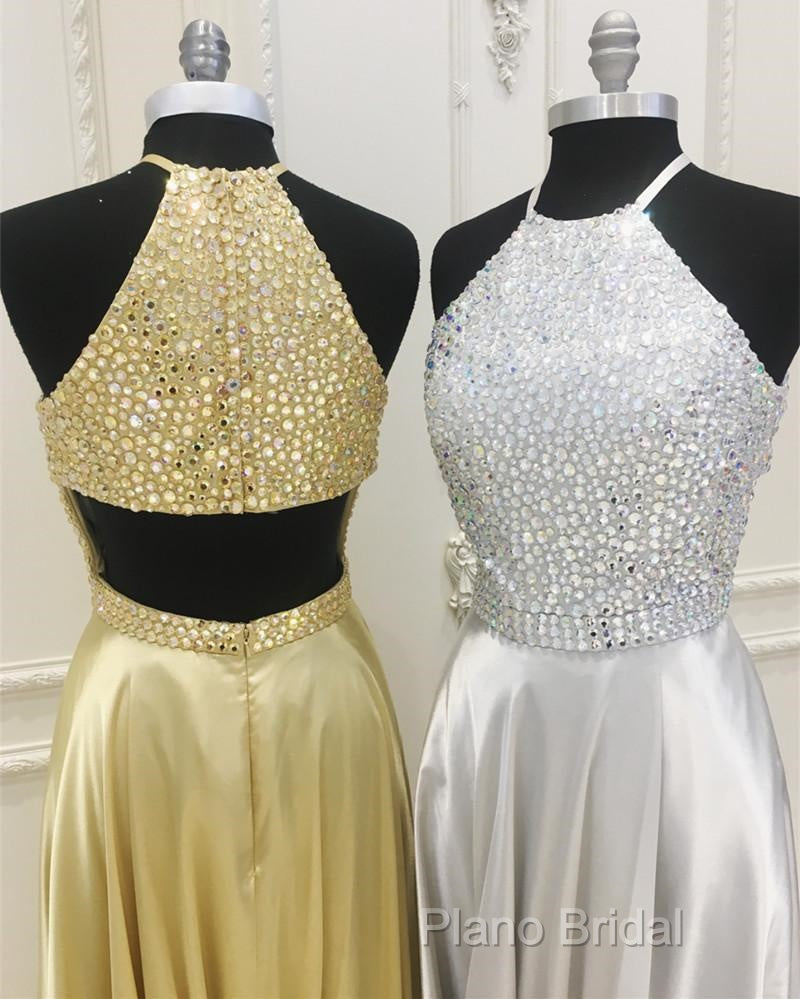 Sparkly Crystal Beaded Halter Long Satin Open Back Formal Prom Dresses