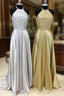 Sparkly Crystal Beaded Halter Long Satin Open Back Formal Prom Dresses