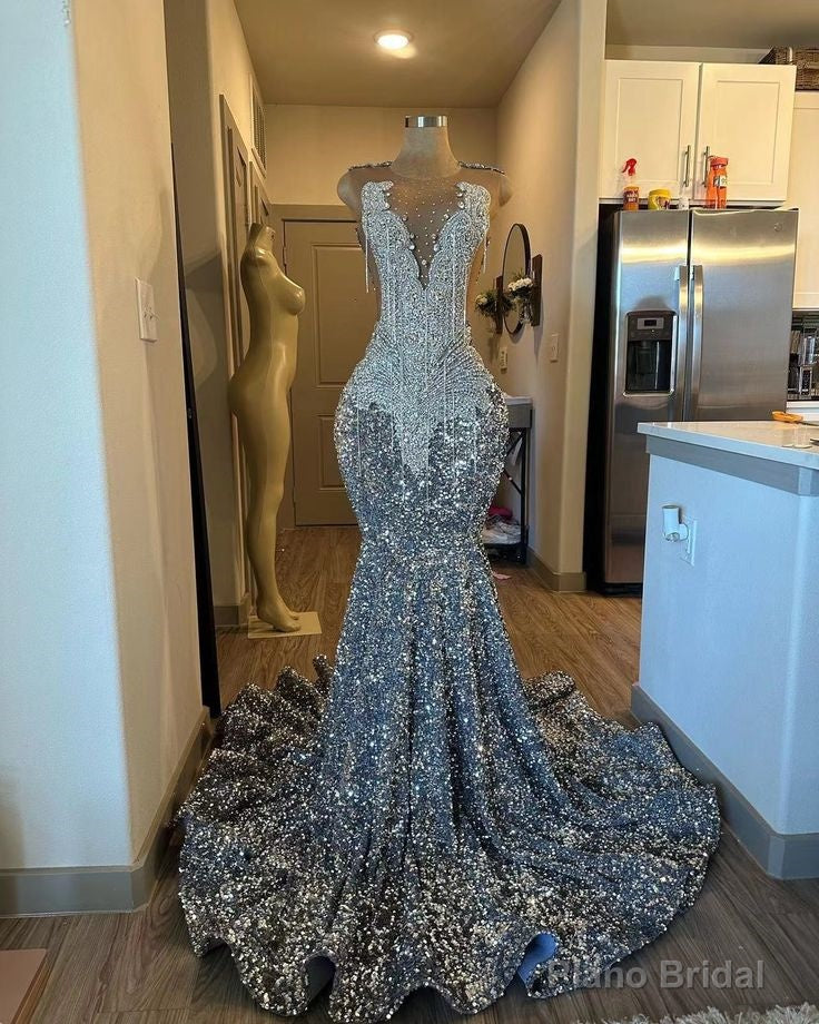 Sparkly Crystal Mermaid Prom Dresses Beaded Sequins Tight Formal Evening Dresses Tassel Party Dresses For Women Secondary image