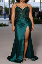 Sparkly Dark Green Mermaid Sequin Pleated Corset Prom Dress With Slit