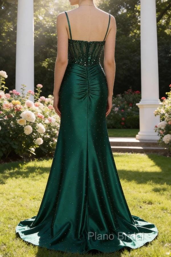 Sparkly Dark Green Mermaid Spaghetti Straps Corset Beaded Prom Dress with Slit