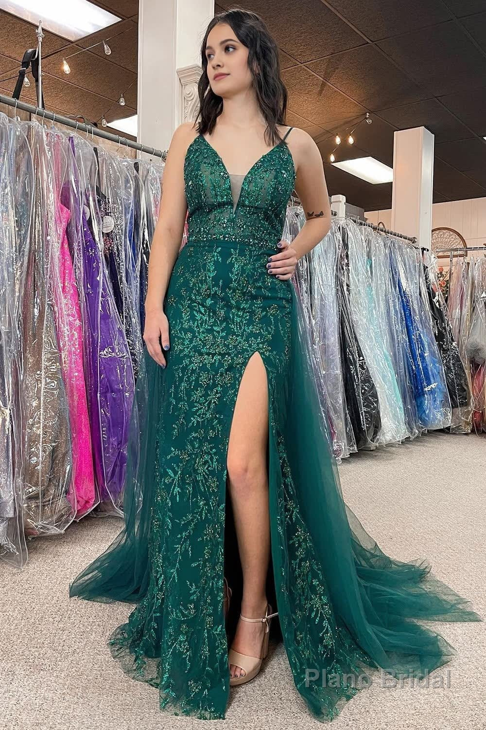 Sparkly Dark Green Tulle Sequin Detachable Train Prom Dress with Slit Main image