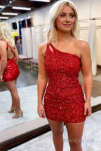 Sparkly Dark Purple Open Back One Shoulder Sequins Tight Homecoming Dress