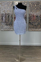 Sparkly Dark Purple Open Back One Shoulder Sequins Tight Homecoming Dress