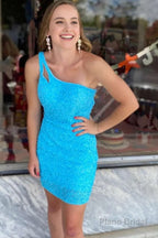 Sparkly Dark Purple Open Back One Shoulder Sequins Tight Homecoming Dress