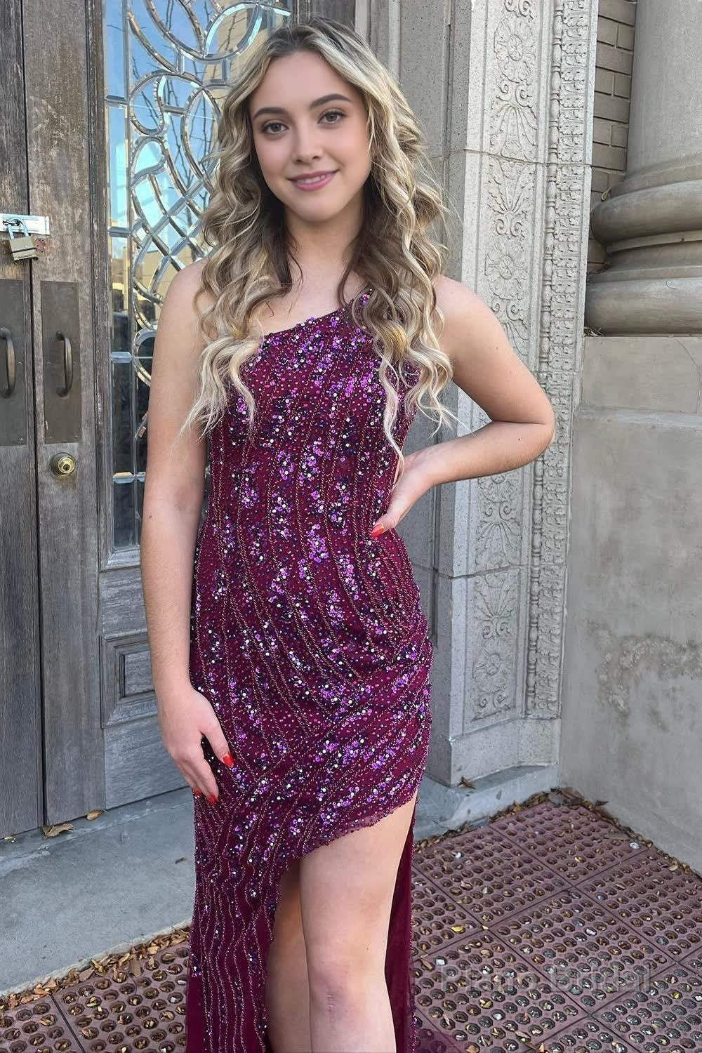Sparkly Dark Purple Sequins Long Prom Dress with Slit