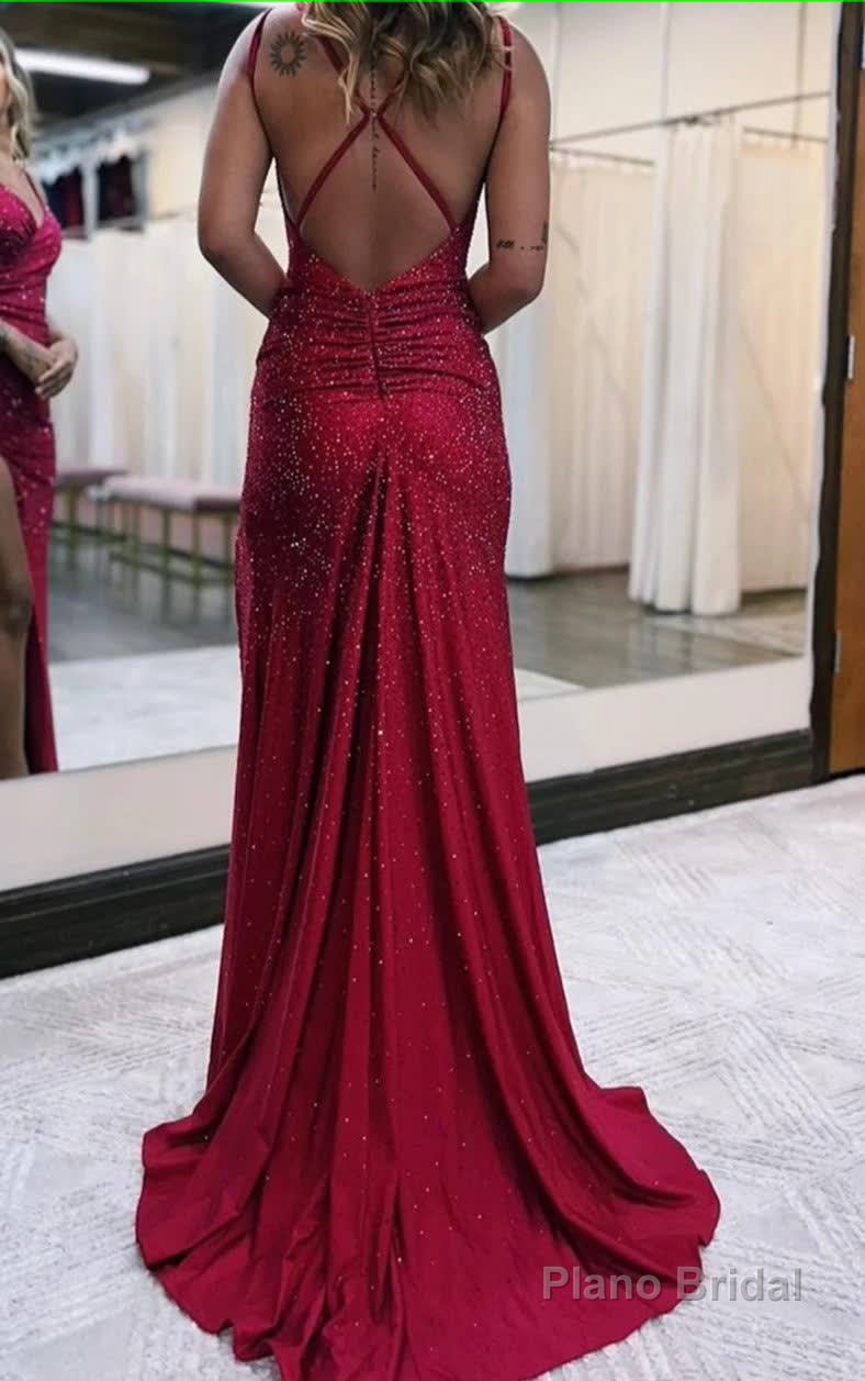 Sparkly Dark Red One Shoulder Sheath Long Prom Dress with Slit Formal Evening Dresses Secondary image