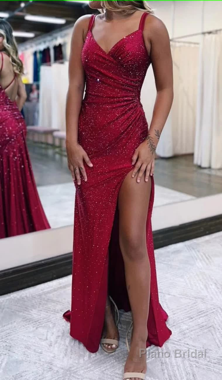 Sparkly Dark Red One Shoulder Sheath Long Prom Dress with Slit Formal Evening Dresses Main image