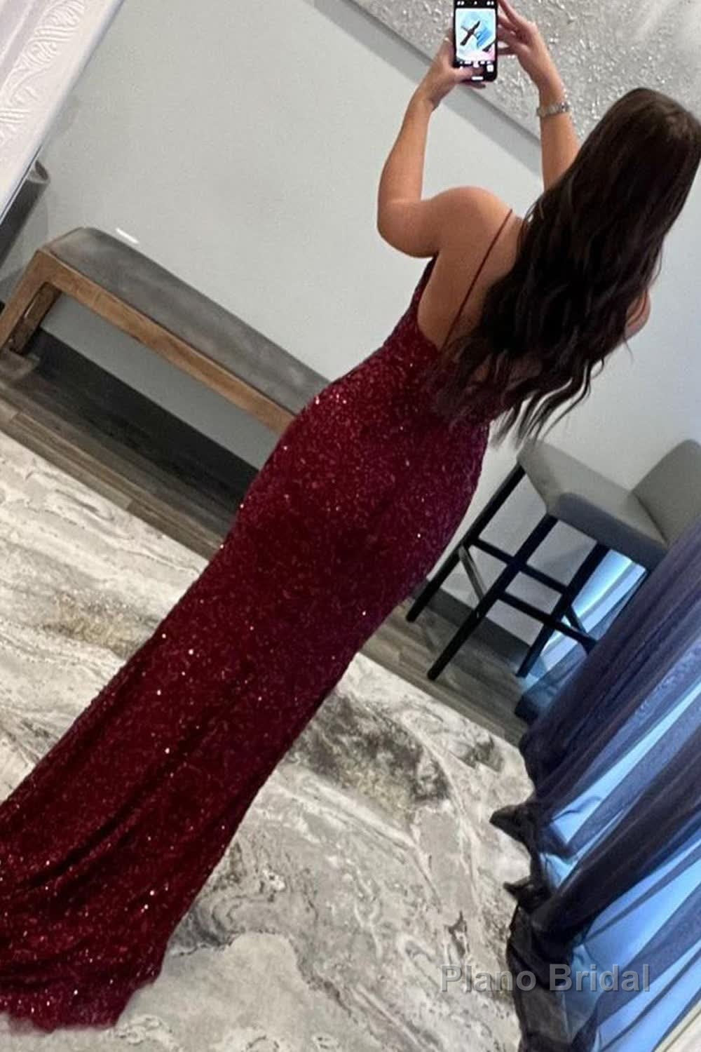 Sparkly Dark Red Sequins Long Prom Dress with Slit Formal Evening Dresses Secondary image