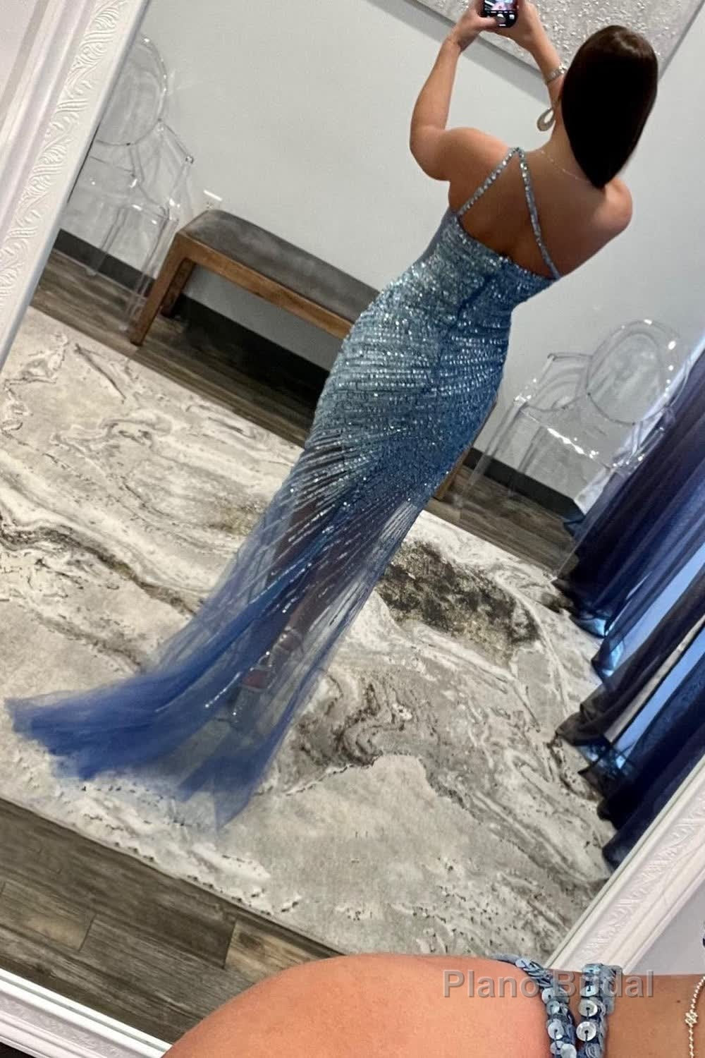 Sparkly Grey Blue Beaded One Shoulder Long Prom Dress with Slit Secondary image