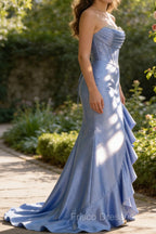 Sparkly Grey Blue Mermaid Strapless Ruffle Corset Satin Long Formal Prom Dresses with Slit