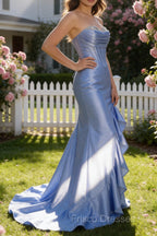 Sparkly Grey Blue Mermaid Strapless Ruffle Corset Satin Long Formal Prom Dresses with Slit