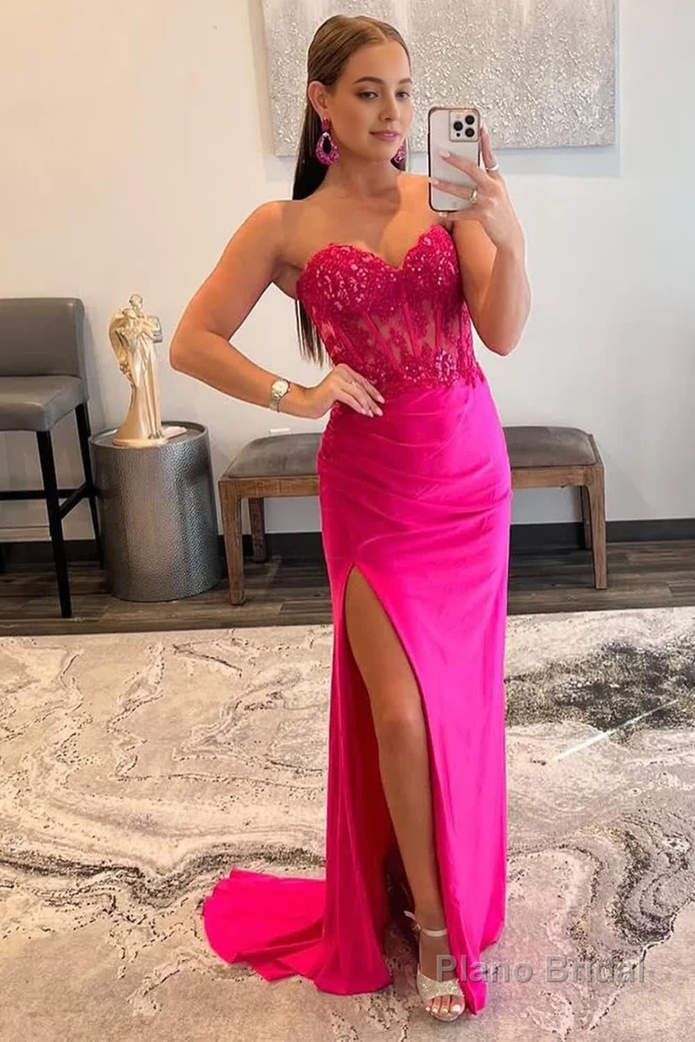 Sparkly Hot Pink Corset Long Prom Dress with Slit Main image