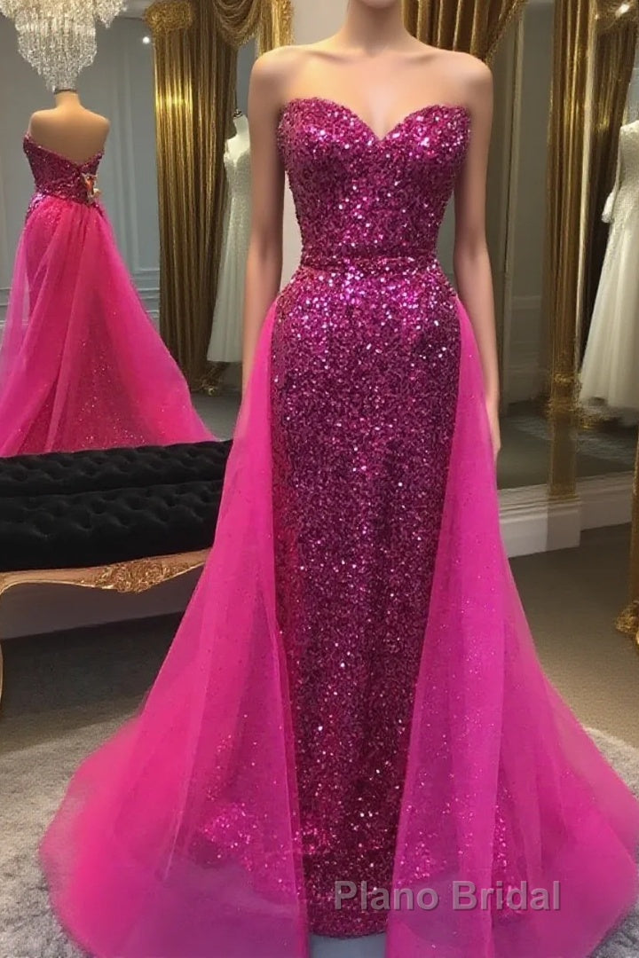 Sparkly Hot Pink Detachable Train Sequins Long Formal Prom Dresses Main image