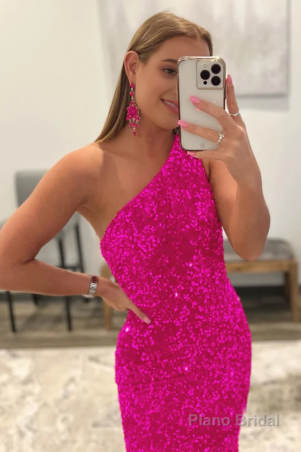 Sparkly Hot Pink Mermaid Sequins Long Prom Dress
