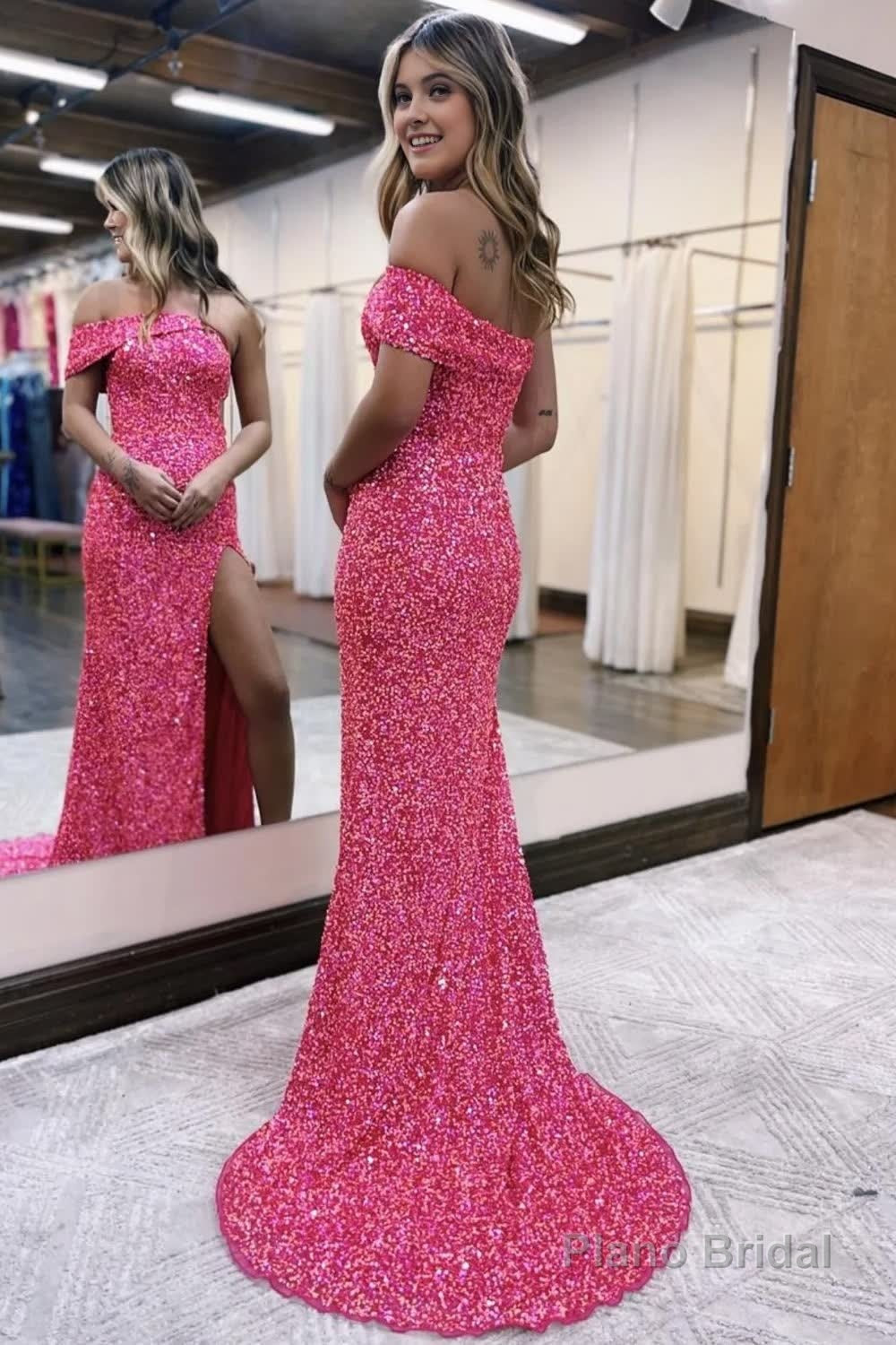 Sparkly Hot Pink One Shoulder Sequins Long Prom Dress Secondary image