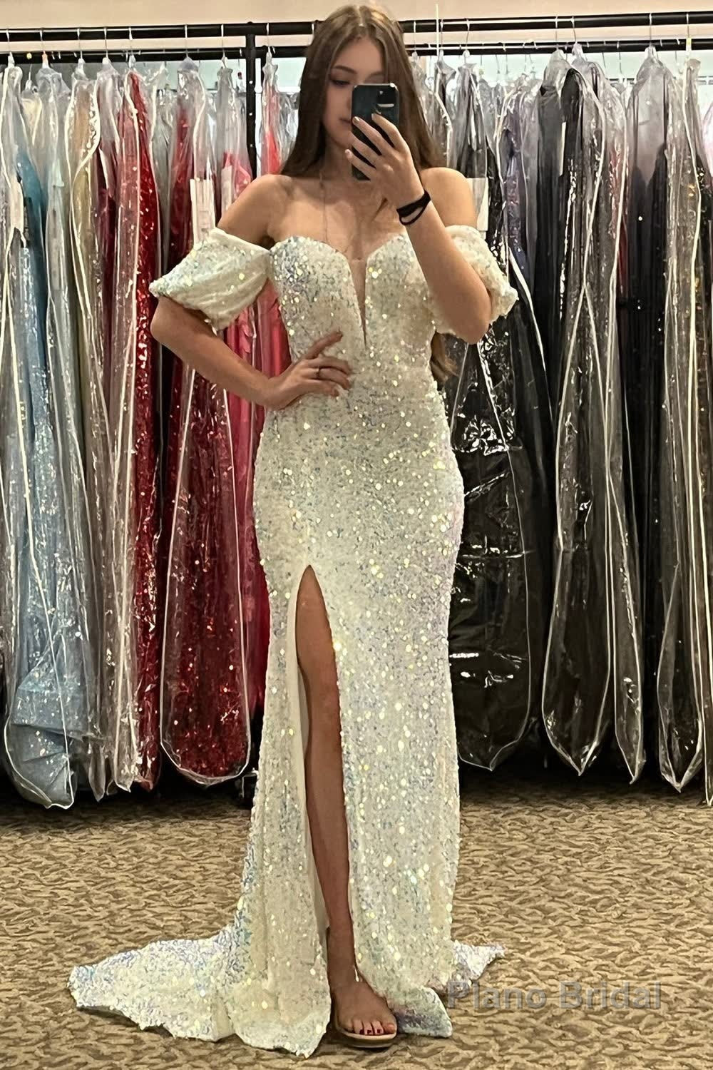 Sparkly Hot Pink Sequins Mermaid Long Prom Dress with Slit