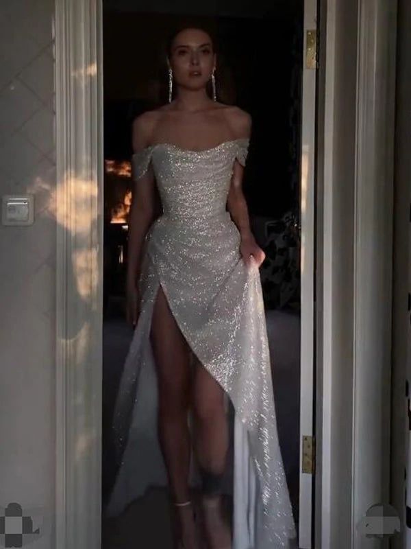 Sparkly Ivory Mermaid Off Shoulder High Slit Cheap Long Formal Prom Dresses