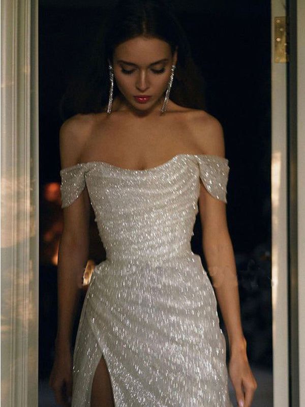 Sparkly Ivory Mermaid Off Shoulder High Slit Cheap Long Formal Prom Dresses