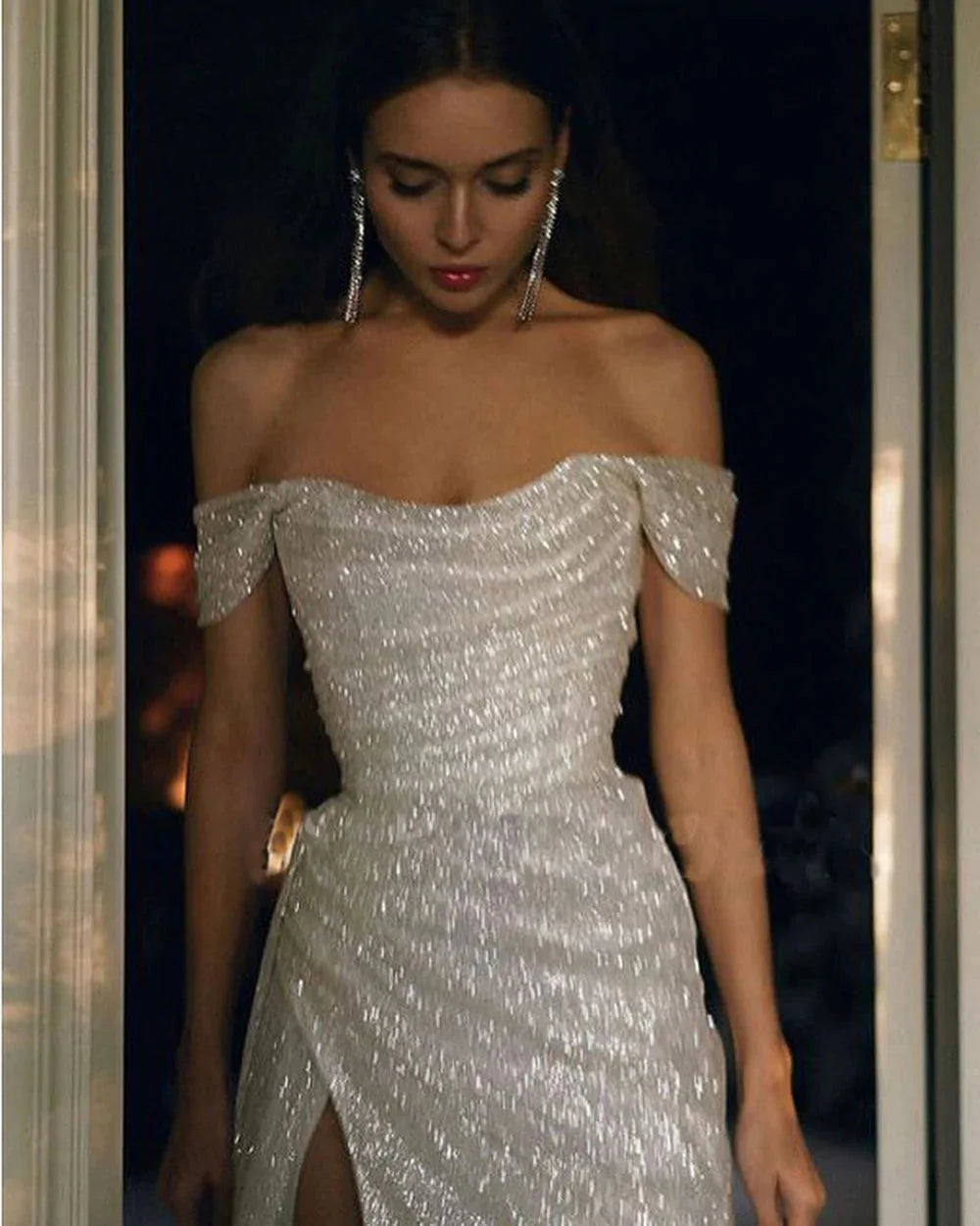 Sparkly Ivory Mermaid Off Shoulder High Slit Cheap Long Formal Prom Dresses Online