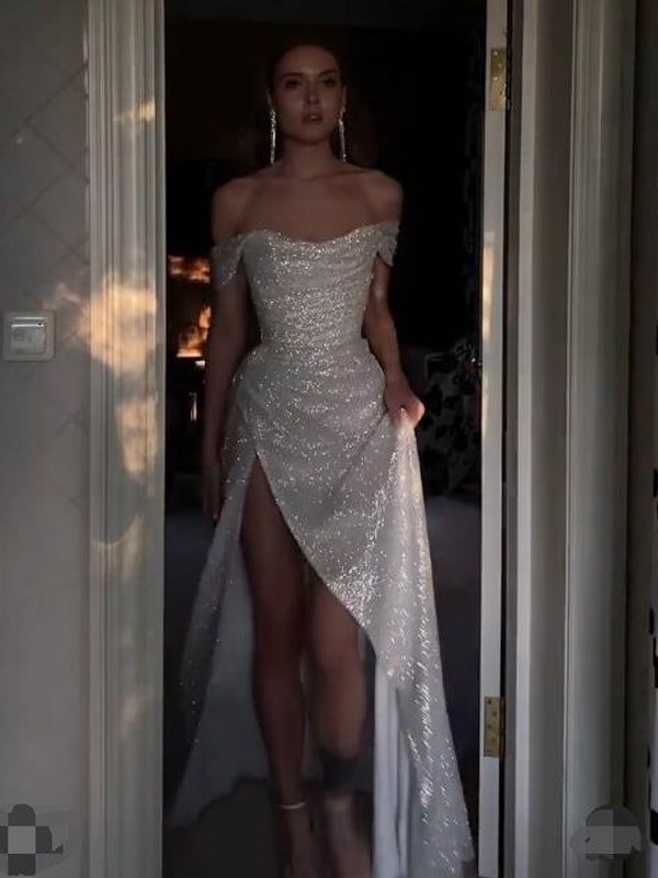 Sparkly Ivory Mermaid Off Shoulder High Slit Cheap Long Formal Prom Dresses Online Main image