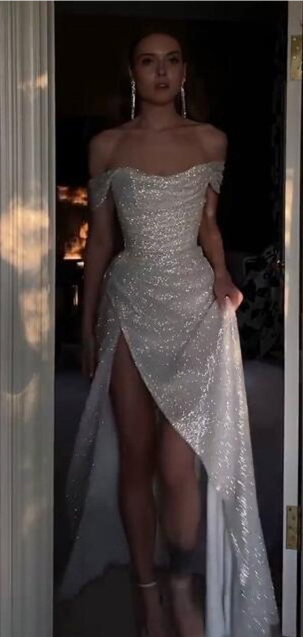 Sparkly Ivory Mermaid Off Shoulder High Slit Cheap Long Formal Prom Dresses