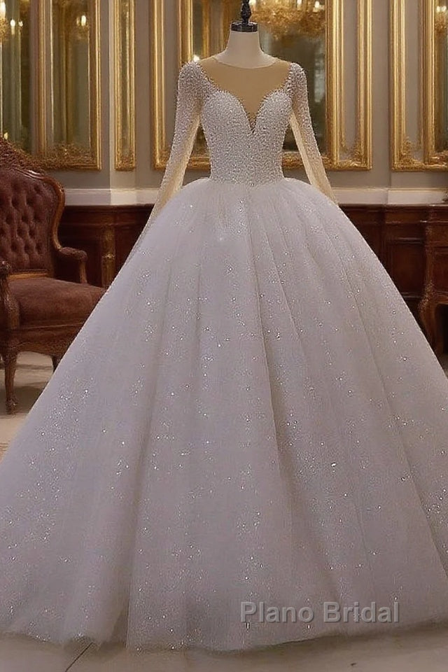 Sparkly Jewel Sequined Long Sleevess Princess Wedding Dress Main image
