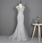 Sparkly Light Grey Mermaid V-Neck Beaded Tulle Train Formal Prom Dresses