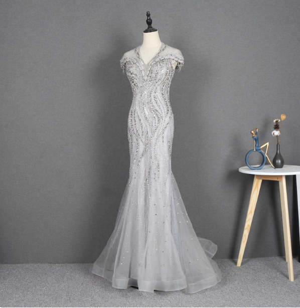 Sparkly Light Grey Mermaid V-Neck Beaded Tulle Train Formal Prom Dresses