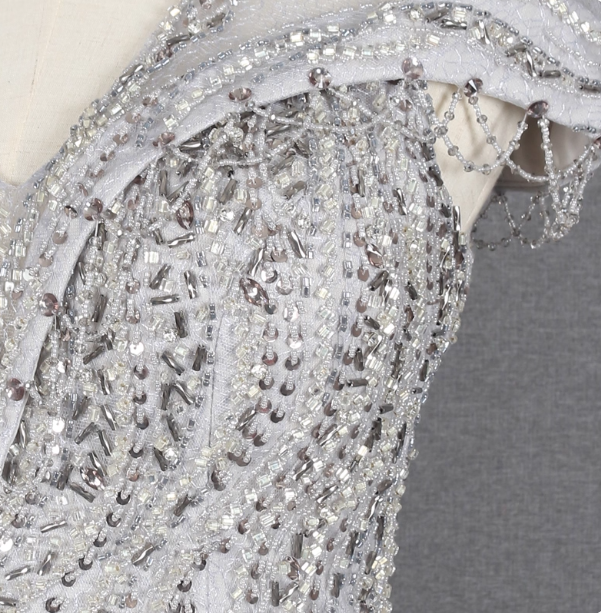 Sparkly Light Grey Mermaid V-Neck Beaded Tulle Train Formal Prom Dresses