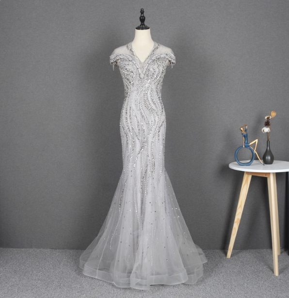 Sparkly Light Grey Mermaid V-Neck Beaded Tulle Train Formal Prom Dresses