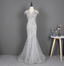 Sparkly Light Grey Mermaid V-Neck Beaded Tulle Train Formal Prom Dresses