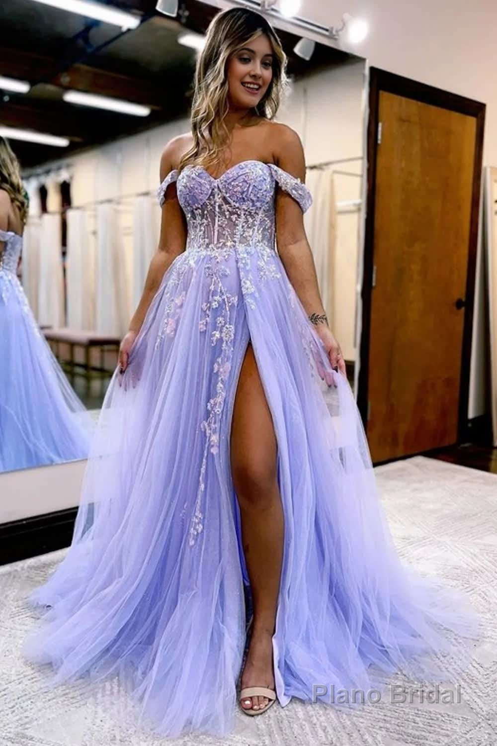 Sparkly Lilac Sequins Corset A-Line Long Prom Dress with Slit Main image